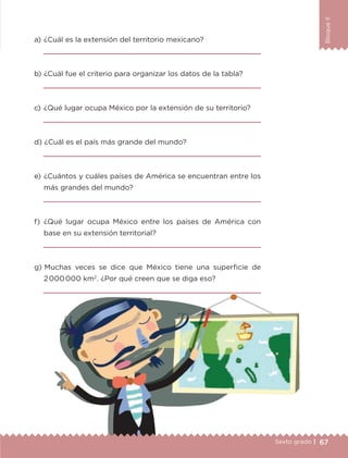 BloqueII
67Sexto grado |
a) 	¿Cuál es la extensión del territorio mexicano?

b) 	¿Cuál fue el criterio para organizar los datos de la tabla?

c) 	¿Qué lugar ocupa México por la extensión de su territorio?

d) 	¿Cuál es el país más grande del mundo?

e) 	¿Cuántos y cuáles países de América se encuentran entre los
más grandes del mundo?

f) 	¿Qué lugar ocupa México entre los países de América con
base en su extensión territorial?

g) 	Muchas veces se dice que México tiene una superficie de
2 000 000 km2
. ¿Por qué creen que se diga eso?

ETC-DESAFIOS-ALUM-6-P-001-184.indd 67 14/05/14 14:40
 