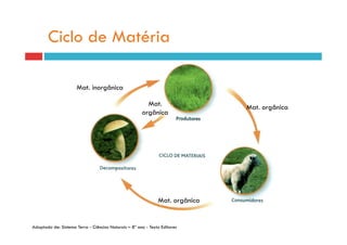 Ciclo de Matéria

                      Mat. inorgânica

                                                        Mat.                  Mat. orgânica
                                                      orgânica




                                                              Mat. orgânica


Adaptado de: Sistema Terra - Ciências Naturais – 8º ano - Texto Editores
 