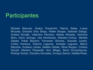 Participantes
Micaela Mazzola, Analuz Possentini, Marina Salas, Luana
Brizuela, Graciela Ortiz Skarp, Walter Borges, Soledad Salega,
Andrea Novello, Valentina Panciera, Matias Almeida, Verónica
Mors, Darío Quiroga, Lilia Hernández, Soledad Ochoa, Mariela
Zabala, Pablo Becerra, Fernando Olivares, Graciela Jurado,
Carlos Ferreyra, Paloma Laguens, Amadeo Laguens, Marco
Mazzola, Gustavo Llanes, Natalia Zabala, Silvia Burgos, Cristina
Decarli, Mariano Passarelli, Ana Alliaga, Silvia Chuquispuma,
Rodrigo Sutryk, Claudina Gonzalez, Enrique Zanoni, Natalia Roda.

 