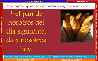 11el pan de 
nosotros del 
día siguiente, 
da a nosotros 
hoy. 
MATEO 6,11 
11El pan nuestro de cada día, dánoslo hoy. 11 Nuestro pan cotidiano dánosle hoy; 
Reina Valera 1995 Biblia Jerusalén 1976 
DR. ESYIN CALDERÓN VALVERDE 
EL PADRE NUESTRO 
CASA DE ORACIÓN, DANIEL FLORES, PÉREZ ZELEDÓN, COSTA RICA 
 