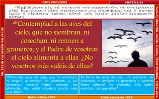 26Contemplad a las aves del 
cielo, que no siembran, ni 
cosechan, ni reúnen a 
graneros; y el Padre de vosotros 
el cielo alimenta a ellas. ¿No 
vosotros más valéis de ellas? 
MATEO 6,26 
26Mirad las aves del cielo, que no siembran, 
ni siegan, ni recogen en graneros; y, sin 
embargo, vuestro Padre celestial las 
alimenta. ¿No valéis vosotros mucho más 
que ellas? 
26 Mirad las aves del cielo: no siembran, ni 
cosechan, ni recogen en graneros; y vuestro 
Padre celestial las alimenta. ¿No valéis 
vosotros más que ellas? 
Reina Valera 1995 Biblia Jerusalén 1976 
DR. ESYIN CALDERÓN VALVERDE 
DIOS PROVEERÁ 
CASA DE ORACIÓN, DANIEL FLORES, PÉREZ ZELEDÓN, COSTA RICA 
 