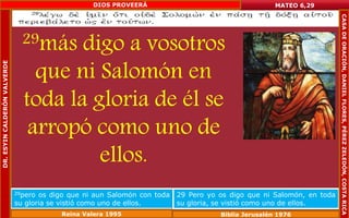 29más digo a vosotros 
que ni Salomón en 
toda la gloria de él se 
arropó como uno de 
ellos. 
MATEO 6,29 
29pero os digo que ni aun Salomón con toda 
su gloria se vistió como uno de ellos. 
29 Pero yo os digo que ni Salomón, en toda 
su gloria, se vistió como uno de ellos. 
Reina Valera 1995 Biblia Jerusalén 1976 
DR. ESYIN CALDERÓN VALVERDE 
DIOS PROVEERÁ 
CASA DE ORACIÓN, DANIEL FLORES, PÉREZ ZELEDÓN, COSTA RICA 
 