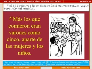 CASA DE ORACIÓN, DANIEL FLORES, PÉREZ ZELEDÓN, COSTA RICA                         MATEO 14,21




        21Más
           los que
    comieron eran
    varones como
   cinco, aparte de
  las mujeres y los
        niños.
21Losque comieron fueron como cinco mil        21 Y los que habían comido eran unos 5.000
hombres, sin contar las mujeres y los niños.   hombres, sin contar mujeres y niños.
             Reina Valera 1995                            Biblia Jerusalén 1976
 