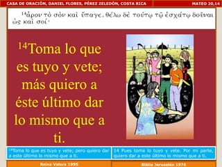 CASA DE ORACIÓN, DANIEL FLORES, PÉREZ ZELEDÓN, COSTA RICA                           MATEO 20,14




    14Toma  lo que
   es tuyo y vete;
    más quiero a
  éste último dar
  lo mismo que a
         ti.
14Toma  lo que es tuyo y vete; pero quiero dar   14 Pues toma lo tuyo y vete. Por mi parte,
a este último lo mismo que a ti.                 quiero dar a este último lo mismo que a ti.
              Reina Valera 1995                             Biblia Jerusalén 1976
 