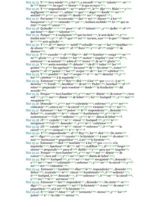 Mat 25:25 YG2532 tuve miedoG5399, y fuíG565, y escondíG2928 tuG467 5 talentoG5007 enG1722
laG3588 tierraG1093: he aquíG1492 tienesG2192 lo que es tuyoG467 4.
Mat 25:26 YG2532 respondiendoG611 suG846 señorG2962, leG846 dijoG2036: MaloG4190 yG2532
negligenteG3636 siervoG1401, sabíasG1492 queG37 54 siegoG2325 dondeG3699 noG37 56
sembréG4687 yG2532 que recojoG4863 dondeG3606 noG37 56 esparcíG1287 ;
Mat 25:27 Por tantoG37 67 te conveníaG1163 darG906 miG3450 dineroG694 á losG3588
banquerosG5133, yG2532 viniendoG2064 yoG1473, hubiera recibidoG2865 loG3588 que es
míoG1699 conG4862 usuraG5110.
Mat 25:28 QuitadleG142 G57 5 G846 puesG37 67 elG3588 talentoG5007 , yG2532 dadloG1325 alG3588
que tieneG2192 diezG1176 talentosG5007.
Mat 25:29 PorqueG1063 á cualquieraG3588 que tuviereG2192, le será dadoG1325, yG2532
tendrá másG4052; yG1161 alG3588 queG3588 noG3361 tuviere, aunG2532 lo queG37 39 tieneG2192
leG57 5 G846 será quitadoG142.
Mat 25:30 YG2532 alG3588 siervoG1401 inútilG888 echadleG1544 enG1519 lasG3588 tinieblasG4655
de afueraG1857: allíG1563 seráG2071 elG3588 lloroG2805 yG2532 elG3588 crujirG1030 de
dientesG3599.
Mat 25:31 YG2532 cuandoG3752 elG3588 HijoG5207 delG3588 hombreG444 vengaG2064 enG1722
suG846 gloriaG1391, yG2532 todosG3956 losG3588 santosG40 ángelesG32 conG3326 élG846,
entoncesG5119 se sentaráG2523 sobre elG3588 tronoG2362 de suG846 gloriaG1391.
Mat 25:32 YG2532 serán reunidasG4863 delanteG17 15 de élG846 todasG3956 lasG3588
gentesG1484: yG2532 los apartaráG87 3 los unosG846 deG57 5 los otrosG240, comoG5618
apartaG87 3 elG3588 pastorG4166 lasG3588 ovejasG4263 deG57 5 losG3588 cabritosG2056.
Mat 25:33 YG2532 pondráG247 6 lasG3588 ovejasG4263 áG1537 suG846 derechaG1188, yG1161
losG3588 cabritosG2055 á la izquierdaG217 6.
Mat 25:34 EntoncesG5119 elG3588 ReyG935 diráG2046 á losG3588 que estarán á suG846
derechaG1188: VenidG1205, benditosG2127 de miG3450 PadreG3962, heredadG2816 elG3588
reinoG932 preparadoG2090 para vosotrosG5213 desdeG57 5 la fundaciónG2602 del
mundoG2889:
Mat 25:35 PorqueG1063 tuve hambreG3983, yG2532 meG3427 disteisG1325 de comerG5315; tuve
sedG137 2, yG2532 meG3165 disteisG1325 de beberG4222; fuíG2252 huéspedG3581, yG2532 meG3165
recogisteisG4863;
Mat 25:36 DesnudoG1131, yG2532 meG3165 cubristeisG4016; enfermoG770, yG2532 meG3165
visitasteisG1980; estuve enG17 22 la cárcelG5438, yG2532 vinisteisG2064 áG4314 míG3165.
Mat 25:37 EntoncesG5119 losG3588 justosG1342 leG846 responderánG611, diciendoG3004:
SeñorG2962, ¿cuándoG4219 teG457 1 vimosG1492 hambrientoG3983, yG2532 teG457 1
sustentamosG5142? ¿óG2228 sedientoG137 2, yG2532 teG457 1 dimos de beberG4222?
Mat 25:38 ¿YG1161 cuándoG4219 teG4571 vimosG1492 huéspedG3581, yG2532 teG457 1
recogimosG4863? ¿óG2228 desnudoG1131, yG2532 teG457 1 cubrimosG4016?
Mat 25:39 ¿OG1161 cuándoG4219 teG457 1 vimosG1492 enfermoG772, óG2228 enG1722 la
cárcelG5438, yG2532 vinimosG2064 áG4314 tiG457 1?
Mat 25:40 YG2532 respondiendoG611 elG3588 ReyG935, lesG846 diráG2046: De ciertoG281
osG5213 digoG3004 que enG1909 cuantoG3745 lo hicisteisG4160 á unoG1520 de estosG5130
misG3450 hermanosG80 pequeñitosG1646, á míG1698 lo hicisteisG4160.
Mat 25:41 EntoncesG5119 diráG2046 tambiénG2532 á losG3588 que estarán á la
izquierdaG217 6: ApartaosG4198 deG1537 míG1700, malditosG267 2, alG1519 G3588 fuegoG4442
eternoG166 preparadoG2090 para elG3588 diabloG1228 yG2532 para susG846 ángelesG32:
Mat 25:42 PorqueG1063 tuve hambreG3983, yG2532 noG37 56 meG3427 disteisG1325 de
comerG5315; tuve sedG1372, yG2532 noG3756 meG3165 disteis de beberG4222;
Mat 25:43 FuíG2252 huéspedG3581, yG2532 noG37 56 meG3165 recogisteisG4863; desnudoG1131,
yG2532 noG37 56 meG3165 cubristeisG4016; enfermoG772, yG2532 enG1722 la cárcelG5438, yG2532
noG37 56 meG3165 visitasteisG1980.
Mat 25:44 EntoncesG5119 tambiénG2532 ellosG846 leG846 responderánG611, diciendoG3004:
SeñorG2962, ¿cuándoG4219 teG457 1 vimosG1492 hambrientoG3983, óG2228 sedientoG137 2,
óG2228 huésped, óG2228 desnudoG1131, óG2228 enfermoG772, óG2228 enG1722 la cárcelG5438,
yG2532 noG37 56 teG467 1 servimosG1247?
Mat 25:45 EntoncesG5119 lesG846 responderáG611, diciendoG3004: De ciertoG281 osG5213
digoG3004 que enG1909 cuantoG37 45 noG3756 lo hicisteisG4160 á unoG1520 de estosG5130
pequeñitosG1646, ni á míG1698 lo hicisteisG4160.
Mat 25:46 EG2532 iránG565 éstosG37 7 8 alG1519 tormentoG2851 eternoG166, yG1161 losG3588
justosG1342 áG1519 la vidaG2222 eternaG166.
 