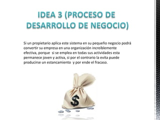 Si un propietario aplica este sistema en su pequeño negocio podrá
convertir su empresa en una organización increíblemente
efectiva, porque si se emplea en todas sus actividades esta
permanece joven y activa, si por el contrario la evita puede
producirse un estancamiento y por ende el fracaso.
 