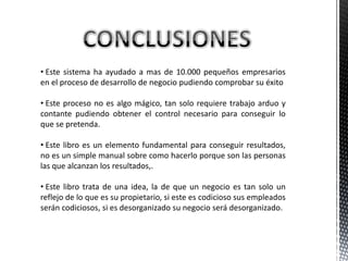 • Este sistema ha ayudado a mas de 10.000 pequeños empresarios
en el proceso de desarrollo de negocio pudiendo comprobar su éxito
• Este proceso no es algo mágico, tan solo requiere trabajo arduo y
contante pudiendo obtener el control necesario para conseguir lo
que se pretenda.
• Este libro es un elemento fundamental para conseguir resultados,
no es un simple manual sobre como hacerlo porque son las personas
las que alcanzan los resultados,.
• Este libro trata de una idea, la de que un negocio es tan solo un
reflejo de lo que es su propietario, si este es codicioso sus empleados
serán codiciosos, si es desorganizado su negocio será desorganizado.
 