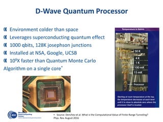 D-Wave Quantum Processor
Environment colder than space
Leverages superconducting quantum effect
1000 qbits, 128K josephson junctions
Installed at NSA, Google, UCSB
108X faster than Quantum Monte Carlo
Algorithm on a single core*
• Source: Denchev et al. What is the Computational Value of Finite-Range Tunneling?
Phys. Rev. August 2016
 