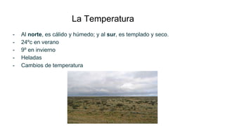 La Temperatura
- Al norte, es cálido y húmedo; y al sur, es templado y seco.
- 24ºc en verano
- 9º en invierno
- Heladas
- Cambios de temperatura
 