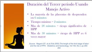 Duración del Tercer periodo Usando
          Manejo Activo
• La mayoria de las placentas de desprenden
  en 6 minutos
• Tiempo minimo = 2 minutos
• Mas de 18 minutos = riesgo significativo de
  HPP
• Mas de 30 minutos = riesgo de HPP es 6
  veces mayor

 Source: Magann EF, et al (Feb 2005) The length of the third stage of labor
  and the risk of PPH. Obstetrics and Gynecology, Vol 105, No 2, pp 290-
                                    293
 