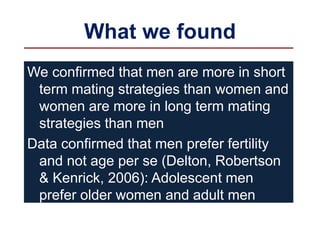 What we found
We confirmed that men are more in short
term mating strategies than women and
women are more in long term mating
strategies than men
Data confirmed that men prefer fertility
and not age per se (Delton, Robertson
& Kenrick, 2006): Adolescent men
prefer older women and adult men
prefer younger women
 