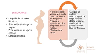 *Revise el canal
vaginal y el cuello
uterino en busca
de desgarros.
*Repare la
episiotomía o los
desgarros, si los
hubiere.
*Realice tacto
rectal.
*Aplique un
método
anticonceptivo de
larga duración
(DIU o implante
subdermico),
previa elección
libre e informada.
INDICACIONES
• Después de un parto
distócico
• Presunción de desgarro
vaginal
• Presunción de desgarro
cervical
• Sangrado vaginal
 