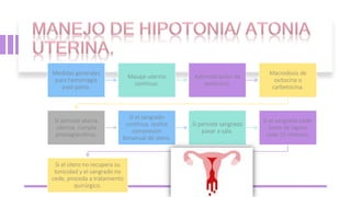 Medidas generales
para hemorragia
post-parto.
Masaje uterino
continuo.
Administración de
oxitócicos.
Macrodosis de
oxitocina o
carbetocina.
Si persiste atonia
uterina, cumpla
prostaglandinas.
Si el sangrado
continua, realice
compresion
bimanual de útero.
Si persiste sangrado
pasar a sala.
Si el sangrado cede,
toma de signos
cada 15 minutos.
Si el útero no recupera su
tonicidad y el sangrado no
cede, proceda a tratamiento
quirúrgico.
 