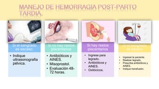 Si el sangrado
es escaso:
• Indique
ultrasonografía
pélvica.
Si no hay restos
placentarios
• Antibióticos y
AINES.
• Misoprostol.
• Evaluación 48-
72 horas.
Si hay restos
placentarios
Si el sangrado
es severo
• Ingrese para
legrado.
• Antibióticos y
AINES.
• Oxitócicos.
• Ingresar la paciente.
• Realizar legrado.
• Prescriba antibióticos y
AINES.
• Indique transfusión.
 