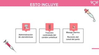 Administración
de uterotónicos
Tracción
controlada del
cordón umbilical
Masaje uterino
Y
Revisión del
canal del parto
ESTO INCLUYE
 