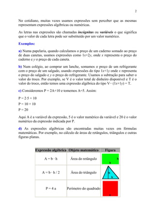 2


No cotidiano, muitas vezes usamos expressões sem perceber que as mesmas
representam expressões algébricas ou numéricas.
As letras nas expressões são chamadas incógnitas ou variáveis o que significa
que o valor de cada letra pode ser substituído por um valor numérico.

Exemplos:
a) Numa papelaria, quando calculamos o preço de um caderno somado ao preço
de duas canetas, usamos expressões como 1x+2y, onde x representa o preço do
caderno e y o preço de cada caneta.
b) Num colégio, ao comprar um lanche, somamos o preço de um refrigerante
com o preço de um salgado, usando expressões do tipo 1x+1y onde x representa
o preço do salgado e y o preço do refrigerante. Usamos a subtração para saber o
valor do troco. Por exemplo, se V é o valor total de dinheiro disponível e T é o
valor do troco, então temos uma expressão algébrica do tipo V− (1x+1y) = T.

c) Consideremos P = 2A+10 e tomemos A=5. Assim:

P = 2⋅5 + 10
P = 10 + 10
P = 20

Aqui A é a variável da expressão, 5 é o valor numérico da variável e 20 é o valor
numérico da expressão indicada por P.

d) As expressões algébricas são encontradas muitas vezes em fórmulas
matemáticas. Por exemplo, no cálculo de áreas de retângulos, triângulos e outras
figuras planas.


            Expressão algébrica Objeto matemático          Figura

                 A=b·h             Área do retângulo


                A=b·h/2            Área do triângulo



                  P=4a           Perímetro do quadrado
 