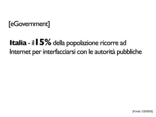 [eGovernment]

Italia - il15% della popolazione ricorre ad
Internet per interfacciarsi con le autorità pubbliche




                                                 [Fonte: CENSIS]
 