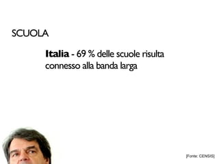 SCUOLA

     Italia - 69 % delle scuole risulta
     connesso alla banda larga




                                          [Fonte: CENSIS]
 