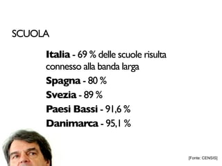 SCUOLA

     Italia - 69 % delle scuole risulta
     connesso alla banda larga
     Spagna - 80 %
     Svezia - 89 %
     Paesi Bassi - 91,6 %
     Danimarca - 95,1 %


                                          [Fonte: CENSIS]
 