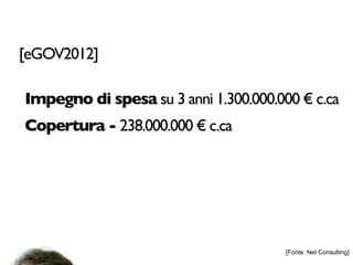 [eGOV2012]

Impegno di spesa su 3 anni 1.300.000.000 € c.ca
Copertura - 238.000.000 € c.ca




                                       [Fonte: Net Consulting]
 