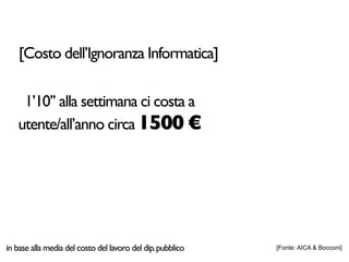 [Costo dell’Ignoranza Informatica]

    1’10’’ alla settimana ci costa a
   utente/all’anno circa 1500 €




in base alla media del costo del lavoro del dip. pubblico   [Fonte: AICA & Bocconi]
 