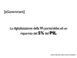 [eGovernment]



   La digitalizzazione della PA porterebbe ad un
            risparmio del 5% del PIL




                                   [Fonte: Ministero della funzione Pubblica]
 