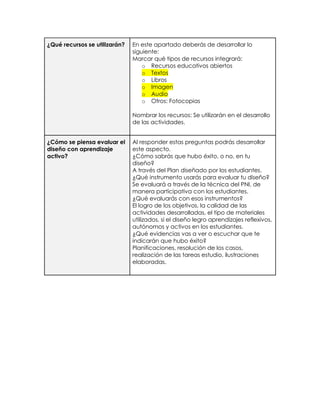 ¿Qué recursos se utilizarán? En este apartado deberás de desarrollar lo
siguiente:
Marcar qué tipos de recursos integrará:
o Recursos educativos abiertos
o Textos
o Libros
o Imagen
o Audio
o Otros: Fotocopias
Nombrar los recursos: Se utilizarán en el desarrollo
de las actividades.
¿Cómo se piensa evaluar el
diseño con aprendizaje
activo?
Al responder estas preguntas podrás desarrollar
este aspecto.
¿Cómo sabrás que hubo éxito, o no, en tu
diseño?
A través del Plan diseñado por los estudiantes.
¿Qué instrumento usarás para evaluar tu diseño?
Se evaluará a través de la técnica del PNI, de
manera participativa con los estudiantes.
¿Qué evaluarás con esos instrumentos?
El logro de los objetivos, la calidad de las
actividades desarrolladas, el tipo de materiales
utilizados, si el diseño legro aprendizajes reflexivos,
autónomos y activos en los estudiantes.
¿Qué evidencias vas a ver o escuchar que te
indicarán que hubo éxito?
Planificaciones, resolución de los casos,
realización de las tareas estudio, ilustraciones
elaboradas.
 
