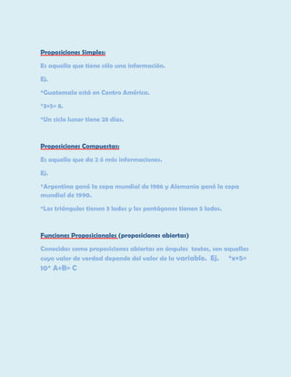 Proposiciones Simples:
Es aquella que tiene sólo una información.
Ej.
*Guatemala está en Centro América.
*3+5= 8.
*Un ciclo lunar tiene 28 días.

Proposiciones Compuestas:
Es aquella que da 2 ó más informaciones.
Ej.
*Argentina ganó la copa mundial de 1986 y Alemania ganó la copa
mundial de 1990.
*Los triángulos tienen 3 lados y los pentágonos tienen 5 lados.

Funciones Proposicionales (proposiciones abiertas)
Conocidas como proposiciones abiertas en ángulos textos, son aquellas
cuyo valor de verdad depende del valor de la variable. Ej. *x+5=

10* A+B= C

 