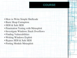 COURSE



➔ How to Write Simple Shellcode
➔ Basic Heap Corruption

➔ SEH & Safe SEH

➔ Penetration Testing with Metasploit

➔ Investigate Windows Stack Overflows

➔ Finding Vulnerabilities

➔ Writing Windows Exploit

➔ Bypass SEH & Safe SEH

➔ Porting Module Metasploit
 