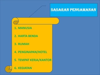 SASARAN PENGAMANAN

1. MANUSIA
2. HARTA BENDA
3. RUMAH
4. PENGINAPAN/HOTEL
5. TEMPAT KERJA/KANTOR
6. KEGIATAN

 