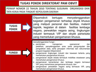 PERKAP NOMOR 22 TAHUN 2010 TENTANG SUSUNAN ORGANISASI DAN
TATA KERJA PADA TINGKAT KEPOLISIAN DAERAH
Ditpamobvit
bertugas
menyelenggarakan
kegiatan pengamanan terhadap obyek khusus
yang meliputi personel dan fasilitas, materiil
logistik, kegiatan di dalam fasilitas lembaga
negara, perwakilan negara asing, lingkungan
industri termasuk VIP dan obyek pariwisata
yang memerlukan pengamanan khusus.
menyelenggarakan fungsi :
a. pembinaan
manajemen
operasional
dan
pelatihan, penyelenggaraan anev serta pengumpulan dan
pengolahan data, serta penyajian informasi dan dokumentasi
program kegiatan Ditpamobvit;
b. pengamanan lingkungan industri dan kawasan tertentu yang
memerlukan pengamanan khusus;
c. pengamanan obyek wisata termasuk mobilitas wisatawan yang
memerlukan pengamanan khusus;
d. pengamanan kementerian dan lembaga negara termasuk
VIP, yang memerlukan pengamanan khusus; dan
e. pengamanan perwakilan negara asing termasuk VIP, yang
memerlukan pengamanan khusus.

 
