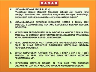 DASAR
A.

UNDANG-UNDANG 1945 PSL 30 (4)
“Kepolisian Negara Republik Indonesia sebagai alat negara yang
menjaga keamanan dan ketertiban masyarakat bertugas melindungi,
mengayomi, melayani masyarakat, serta menegakkan hukum”

B.

UNDANG-UNDANG REPUBLIK INDONESIA NOMOR 2 TAHUN 2002
TANGGAL 8 JANUARI 2002 TENTANG KEPOLISIAN NEGARA REPULIK
INDONESIA.

C.

KEPUTUSAN PRESIDEN REPUBLIK INDONESIA NOMOR 7 TAHUN 2004
TANGGAL 10 OKTOBER 2002 TENTANG ORGANISASI DAN TATA KERJA
KEPOLISIAN NEGARA REPUBLIK INDONESIA.

D.

PERATURAN KAPOLRI NO. 1 TAHUN 2013 TTG PENUGASAN ANGGOTA
POLRI DI LUAR STRUKTUR ORGANISASI KEPOLISIAN NEGARA
REPUBLIK INDONESIA.

E.

SURAT KEPUTUSAN KAPOLRI NO. POL : SKEP / 247 / IV / 2004
TANGGAL 21 APRIL 2004 TENTANG BUKU PETUNJUK KEGIATAN
PENGAMANAN VIP.

F.

KEPUTUSAN KAPOLRI NOMOR 22 THN 2010 TTG SUSUNAN
ORGANISASI DAN TATA KERJA PD TINGKAT KEPOLISIAN DAERAH.

 