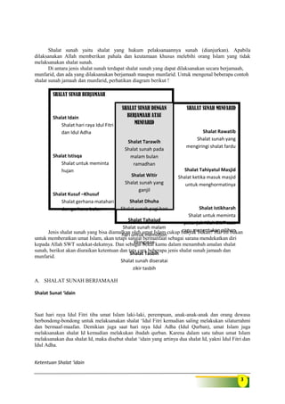3
Shalat sunah yaitu shalat yang hukum pelaksanaannya sunah (dianjurkan). Apabila
dilaksanakan Allah memberikan pahala dan keutamaan khusus melebihi orang Islam yang tidak
melaksanakan shalat sunah.
Di antara jenis shalat sunah terdapat shalat sunah yang dapat dilaksanakan secara berjamaah,
munfarid, dan ada yang dilaksanakan berjamaah maupun munfarid. Untuk mengenal beberapa contoh
shalat sunah jamaah dan munfarid, perhatikan diagram berikut !
Jenis shalat sunah yang bisa diamalkan oleh umat Islam cukup banyak bukan? Hal ini bukan
untuk memberatkan umat Islam, akan tetapi sangat bermanfaat sebagai sarana mendekatkan diri
kepada Allah SWT sedekat-dekatnya. Dan sebagai bekal kamu dalam menambah amalan shalat
sunah, berikut akan diuraikan ketentuan dan tata cara beberapa jenis shalat sunah jamaah dan
munfarid.
A. SHALAT SUNAH BERJAMAAH
Shalat Sunat ‘idain
Saat hari raya Idul Fitri tiba umat Islam laki-laki, perempuan, anak-anak-anak dan orang dewasa
berbondong-bondong untuk melaksanakan shalat ‘Idul Fitri kemudian saling melakukan silaturrahmi
dan bermaaf-maafan. Demikian juga saat hari raya Idul Adha (Idul Qurban), umat Islam juga
melaksanakan shalat Id kemudian melakukan ibadah qurban. Karena dalam satu tahun umat Islam
melaksanakan dua shalat Id, maka disebut shalat ‘idain yang artinya dua shalat Id, yakni Idul Fitri dan
Idul Adha.
Ketentuan Shalat ‘idain
SHALAT SUNAH BERJAMAAH
Shalat Idain
Shalat hari raya Idul Fitri
dan Idul Adha
Shalat Istisqa
Shalat untuk meminta
hujan
Shalat Kusuf –Khusuf
Shalat gerhana matahari
dan gerhana bulan
SHALAT SUNAH MUNFARID
Shalat Rawatib
Shalat sunah yang
mengiringi shalat fardu
Shalat Tahiyatul Masjid
Shalat ketika masuk masjid
untuk menghormatinya
Shalat Istikharah
Shalat untuk meminta
petunjuk Allah SWT saat
ragu menentukan pilihan
SHALAT SUNAH DENGAN
BERJAMAAH ATAU
MUNFARID
Shalat Tarawih
Shalat sunah pada
malam bulan
ramadhan
Shalat Witir
Shalat sunah yang
ganjil
Shalat Dhuha
Shalat sunah pagi hari
Shalat Tahajud
Shalat sunah malam
hari untuk memohon
keinginan
Shalat Tasbih
Shalat sunah diseratai
zikir tasbih
 