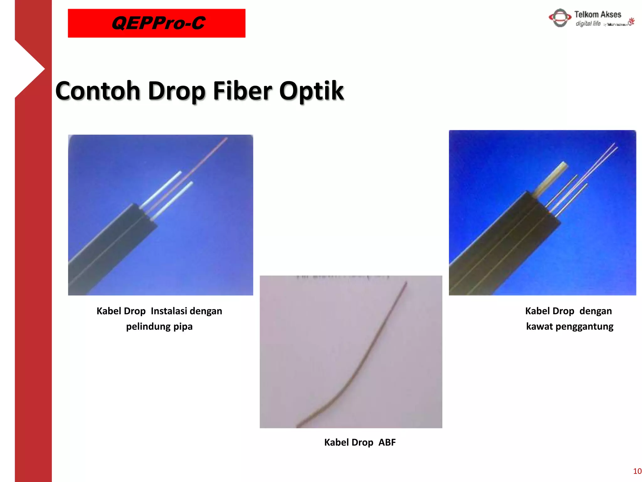 Contoh Drop Fiber Optik
Kabel Drop Instalasi dengan
pelindung pipa
Kabel Drop dengan
kawat penggantung
Kabel Drop ABF
10
QEPPro-C
 