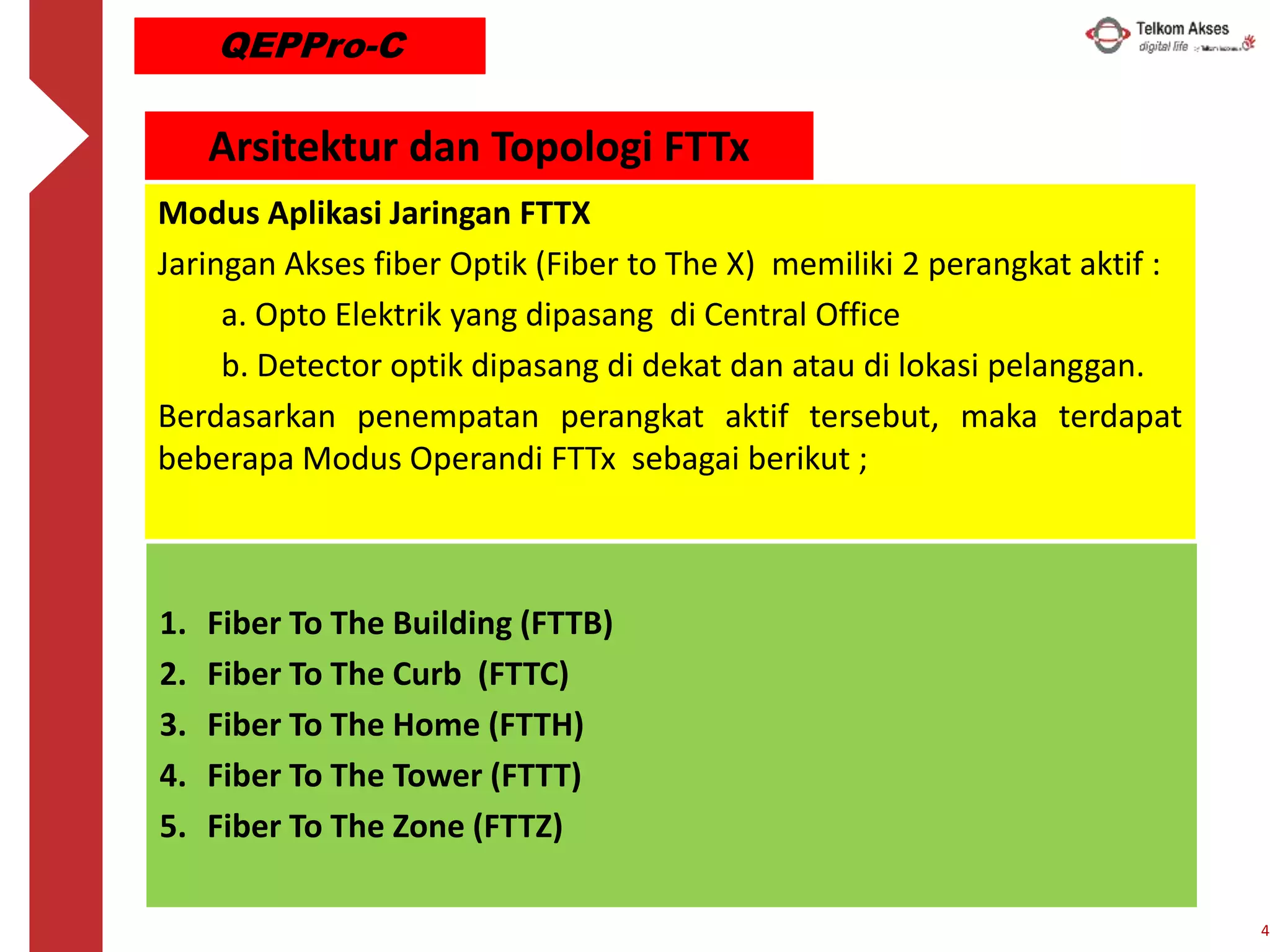 Arsitektur dan Topologi FTTx
Modus Aplikasi Jaringan FTTX
Jaringan Akses fiber Optik (Fiber to The X) memiliki 2 perangkat aktif :
a. Opto Elektrik yang dipasang di Central Office
b. Detector optik dipasang di dekat dan atau di lokasi pelanggan.
Berdasarkan penempatan perangkat aktif tersebut, maka terdapat
beberapa Modus Operandi FTTx sebagai berikut ;
4
QEPPro-C
1. Fiber To The Building (FTTB)
2. Fiber To The Curb (FTTC)
3. Fiber To The Home (FTTH)
4. Fiber To The Tower (FTTT)
5. Fiber To The Zone (FTTZ)
 