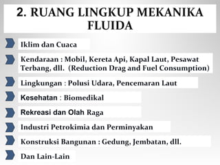 2. RUANG LINGKUP MEKANIKA
FLUIDA
Iklim dan Cuaca
Kendaraan : Mobil, Kereta Api, Kapal Laut, Pesawat
Terbang, dll. (Reduction Drag and Fuel Consumption)
Lingkungan : Polusi Udara, Pencemaran Laut
Kesehatan : Biomedikal
Rekreasi dan Olah Raga
Industri Petrokimia dan Perminyakan
Dan Lain-Lain
Konstruksi Bangunan : Gedung, Jembatan, dll.
 