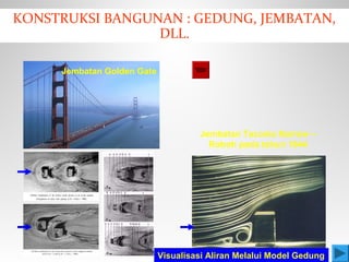 KONSTRUKSI BANGUNAN : GEDUNG, JEMBATAN,
DLL.
Jembatan Tacoma Narrow –
Roboh pada tahun 1944
Jembatan Golden Gate
Visualisasi Aliran Melalui Model Gedung
 