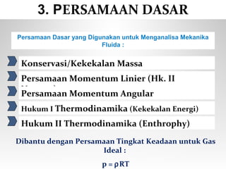 3. PERSAMAAN DASAR
Persamaan Dasar yang Digunakan untuk Menganalisa Mekanika
Fluida :
Konservasi/Kekekalan Massa
Persamaan Momentum Linier (Hk. II
Newton)
Persamaan Momentum Angular
Hukum I Thermodinamika (Kekekalan Energi)
Hukum II Thermodinamika (Enthrophy)
Dibantu dengan Persamaan Tingkat Keadaan untuk Gas
Ideal :
p = ρRT
 