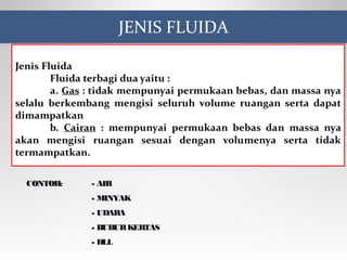 JENIS FLUIDA
CONTOH: - AIR
- MINYAK
- UDARA
- BUBURKERTAS
- DLL
 