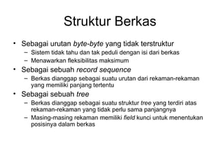 Struktur Berkas Sebagai urutan  byte-byte  yang tidak terstruktur Sistem tidak tahu dan tak peduli dengan isi dari berkas Menawarkan fleksibilitas maksimum Sebagai sebuah  record sequence Berkas dianggap sebagai suatu urutan dari rekaman-rekaman yang memiliki panjang tertentu Sebagai sebuah  tree Berkas dianggap sebagai suatu struktur  tree  yang terdiri atas rekaman-rekaman yang tidak perlu sama panjangnya Masing-masing rekaman memiliki  field  kunci untuk menentukan posisinya dalam berkas 