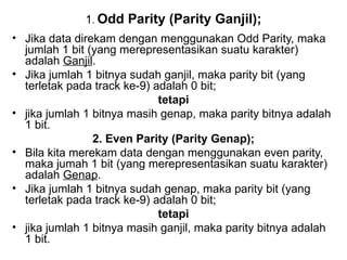 1 .  Odd Parity (Parity Ganjil); Jika data direkam dengan menggunakan Odd Parity, maka jumlah 1 bit (yang merepresentasikan suatu karakter) adalah  Ganjil . Jika jumlah 1 bitnya sudah ganjil, maka parity bit (yang terletak pada track ke-9) adalah 0 bit; tetapi jika jumlah 1 bitnya masih genap, maka parity bitnya adalah 1 bit. 2. Even Parity (Parity Genap); Bila kita merekam data dengan menggunakan even parity, maka jumah 1 bit (yang merepresentasikan suatu karakter) adalah  Genap . Jika jumlah 1 bitnya sudah genap, maka parity bit (yang terletak pada track ke-9) adalah 0 bit; tetapi jika jumlah 1 bitnya masih ganjil, maka parity bitnya adalah 1 bit. 