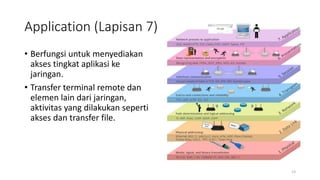 Application (Lapisan 7)
• Berfungsi untuk menyediakan
akses tingkat aplikasi ke
jaringan.
• Transfer terminal remote dan
elemen lain dari jaringan,
aktivitas yang dilakukan seperti
akses dan transfer file.
13
 