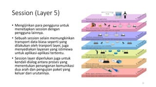 Session (Layer 5)
• Mengijinkan para pengguna untuk
menetapkan session dengan
pengguna lainnya.
• Sebuah session selain memungkinkan
transport data biasa seperti yang
dilakukan oleh tranport layer, juga
menyediakan layanan yang istimewa
untuk aplikasi-aplikasi tertentu.
• Session layer diperlukan juga untuk
kendali dialog antara proses yang
menentukan penanganan komunikasi
dua arah dan pengujian paket yang
keluar dari urutannya.
15
 