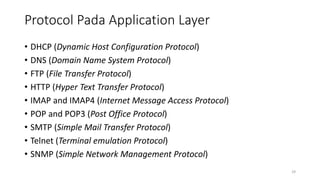 Protocol Pada Application Layer
• DHCP (Dynamic Host Configuration Protocol)
• DNS (Domain Name System Protocol)
• FTP (File Transfer Protocol)
• HTTP (Hyper Text Transfer Protocol)
• IMAP and IMAP4 (Internet Message Access Protocol)
• POP and POP3 (Post Office Protocol)
• SMTP (Simple Mail Transfer Protocol)
• Telnet (Terminal emulation Protocol)
• SNMP (Simple Network Management Protocol)
29
 