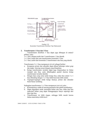 DAMAN SUSWANTO : SISTEM DISTRIBUSI TENAGA LISTRIK 146
Gambar 118.
Konstruksi Transformator Distribusi Tipe Padmounted
2. Transformator 1 Fasa dan 3 Fasa
Transformator distribusi 3 fasa dapat juga dibangun di antara3
pilihan, yaitu :
3 x 1 fasa, dimana terdiri dari 3 transformator 1 fasa identik
1 x 3 fasa, terdiri dari satu transformator konstruksi 3 fasa
2 x 1 fasa, terdiri dari konstruksi 2 transformator satu fasa yang identik
Transformator 3 x 1 fasa mempunyai ciri-ciri sebagai berikut :
a. Kumparan primer dan sekunder dapat dibuat beberapa vektor grup
dan angka lonceng sesuai dengan yang diinginkan.
b. Ketiga transformator tersebut dapat juga dioperasikan ke beban
menjadi satu fasa, yaitu dihubungkan paralel (karena ketiga
transformator tersebut identik)
c. Dengan daya yang sama untuk ketiga fasa, maka fasa untuk 3 x 1
fasa dibanding dengan 1 x 3 fasa lebih berat dan lebih mahal.
d. Tegangan-tegangan untuk ketiga fasanya, primer dan sekunder
bener-benar seimbang.
Sedangkan transformator 1 x 3 fasa mempunyai cirri-ciri yaitu :
a. Konstruksinya sudah di rancang permanen dari pabrik pembuatnya
b. Dapat digunakan untuk mensuplai beban satu fasa, maka tiap fasa
maksimal beban yang dapat ditanggungnya hanya sepertiga dari
daya tiga fasa.
c. Transformator ini lebih ringan, sehingga lebih murah karena
bahan.materialnya lebih kecil.
 