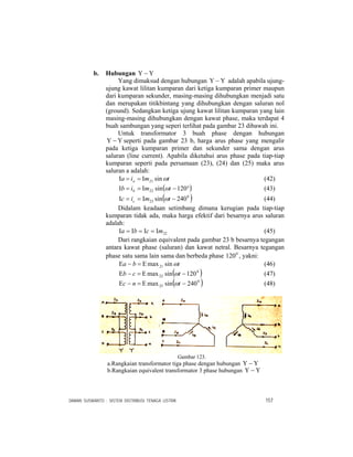 DAMAN SUSWANTO : SISTEM DISTRIBUSI TENAGA LISTRIK 157
b. Hubungan Υ−Υ
Yang dimaksud dengan hubungan Υ−Υ adalah apabila ujung-
ujung kawat lilitan kumparan dari ketiga kumparan primer maupun
dari kumparan sekunder, masing-masing dihubungkan menjadi satu
dan merupakan titikbintang yang dihubungkan dengan saluran nol
(ground). Sedangkan ketiga ujung kawat lilitan kumparan yang lain
masing-masing dihubungkan dengan kawat phase, maka terdapat 4
buah sambungan yang seperi terlihat pada gambar 23 dibawah ini.
Untuk transformator 3 buah phase dengan hubungan
Υ−Υ seperti pada gambar 23 b, harga arus phase yang mengalir
pada ketiga kumparan primer dan sekunder sama dengan arus
saluran (line current). Apabila diketahui arus phase pada tiap-tiap
kumparan seperti pada persamaan (23), (24) dan (25) maka arus
saluran a adalah:
tmia a ωsin21Ι==Ι (42)
( )°−Ι==Ι 120sin22 tmib b ω (43)
( )0
23 240sin −Ι==Ι tmic c ω (44)
Didalam keadaan setimbang dimana kerugian pada tiap-tiap
kumparan tidak ada, maka harga efektif dari besarnya arus saluran
adalah:
22mcba Ι=Ι=Ι=Ι (45)
Dari rangkaian equivalent pada gambar 23 b besarnya tegangan
antara kawat phase (saluran) dan kawat netral. Besarnya tegangan
phase satu sama lain sama dan berbeda phase 0
120 , yakni:
tba ωsinmax21Ε=−Ε (46)
( )0
22 120sinmax −Ε=−Ε tcb ω (47)
( )0
25 240sinmax −Ε=−Ε tnc ω (48)
Gambar 123.
a.Rangkaian transformator tiga phase dengan hubungan Υ−Υ
b.Rangkaian equivalent transformator 3 phase hubungan Υ−Υ
 