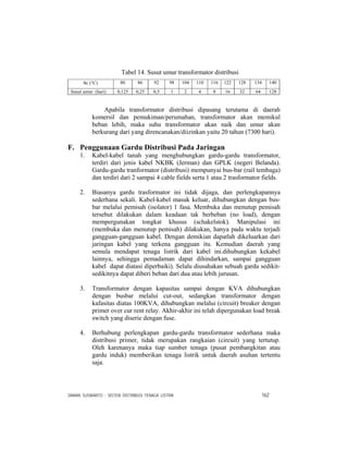 DAMAN SUSWANTO : SISTEM DISTRIBUSI TENAGA LISTRIK 162
Tabel 14. Susut umur transformator distribusi
θc (°C) 80 86 92 98 104 110 116 122 128 134 140
Susut umur (hari) 0,125 0,25 0,5 1 2 4 8 16 32 64 128
Apabila transformator distribusi dipasang terutama di daerah
komersil dan pemukiman/perumahan, transformator akan memikul
beban lebih, maka suhu transformator akan naik dan umur akan
berkurang dari yang direncanakan/diizinkan yaitu 20 tahun (7300 hari).
F. Penggunaan Gardu Distribusi Pada Jaringan
1. Kabel-kabel tanah yang menghubungkan gardu-gardu transformator,
terdiri dari jenis kabel NKBK (Jerman) dan GPLK (negeri Belanda).
Gardu-gardu tranformator (distribusi) mempunyai bus-bar (rail tembaga)
dan terdiri dari 2 sampai 4 cable fields serta 1 atau 2 trasformator fields.
2. Biasanya gardu trasformator ini tidak dijaga, dan perlengkapannya
sederhana sekali. Kabel-kabel masuk keluar, dihubungkan dengan bus-
bar melalui pemisah (isolator) 1 fasa. Membuka dan menutup pemisah
tersebut dilakukan dalam keadaan tak berbeban (no load), dengan
mempergunakan tongkat khusus (schakelstok). Manipulasi ini
(membuka dan menutup pemisah) dilakukan, hanya pada waktu terjadi
gangguan-gangguan kabel. Dengan demikian dapatlah dikeluarkan dari
jaringan kabel yang terkena gangguan itu. Kemudian daerah yang
semula mendapat tenaga listrik dari kabel ini.dihubungkan kekabel
lainnya, sehingga pemadaman dapat dihindarkan, sampai gangguan
kabel dapat diatasi diperbaiki). Selalu diusahakan sebuah gardu sedikit-
sedikitnya dapat diberi beban dari dua atau lebih jurusan.
3. Transformator dengan kapasitas sampai dengan KVA dihubungkan
dengan busbar melalui cut-out, sedangkan transformator dengan
kafasitas diatas 100KVA, dihubungkan melalui (circuit) breaker dengan
primer over cur rent relay. Akhir-akhir ini telah dipergunakan load break
switch yang diserie dengan fuse.
4. Berhubung perlengkapan gardu-gardu transformator sederhana maka
distribusi primer, tidak merupakan rangkaian (circuit) yang tertutup.
Oleh karenanya maka tiap sumber tenaga (pusat pembangkitan atau
gardu induk) memberikan tenaga listrik untuk daerah asuhan tertentu
saja.
 