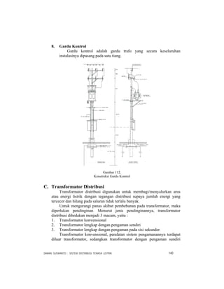 DAMAN SUSWANTO : SISTEM DISTRIBUSI TENAGA LISTRIK 140
8. Gardu Kontrol
Gardu kontrol adalah gardu trafo yang secara keseluruhan
instalasinya dipasang pada satu tiang.
Gambar 112.
Konstruksi Gardu Kontrol
C. Transformator Distribusi
Transformator distribusi digunakan untuk membagi/menyalurkan arus
atau energi listrik dengan tegangan distribusi supaya jumlah energi yang
tercecer dan hilang pada saluran tidak terlalu banyak.
Untuk mengurangi panas akibat pembebanan pada transformator, maka
diperlukan pendinginan. Menurut jenis pendinginannya, transformator
distribusi dibedakan menjadi 3 macam, yaitu :
1. Transformator konvensional
2. Transformator lengkap dengan pengaman sendiri
3. Transformator lengkap dengan pengaman pada sisi sekunder
Transformator konvensional, peralatan sistem pengamanannya terdapat
diluar transformator, sedangkan transformator dengan pengaman sendiri
 