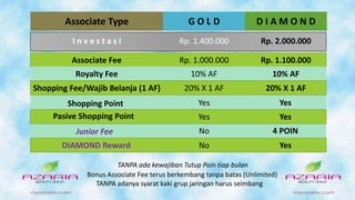 Associate Type G O L D D I A M O N D
I n v e s t a s i Rp. 1.400.000 Rp. 2.000.000
Associate Fee Rp. 1.000.000 Rp. 1.100.000
Royalty Fee 10% AF 10% AF
Shopping Fee/Wajib Belanja (1 AF) 20% X 1 AF 20% X 1 AF
Junior Fee
Yes YesShopping Point
Yes YesPasive Shopping Point
No 4 POIN
DIAMOND Reward No Yes
TANPA ada kewajiban Tutup Poin tiap bulan
Bonus Associate Fee terus berkembang tanpa batas (Unlimited)
TANPA adanya syarat kaki grup jaringan harus seimbang
 