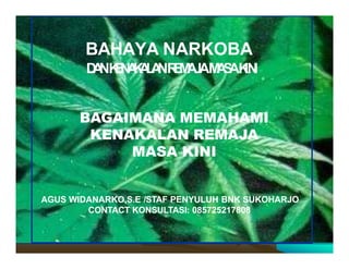 AGUS WIDANARKO,S.E /STAF PENYULUH BNK SUKOHARJO
CONTACT KONSULTASI: 085725217808
BAHAYA NARKOBA
D
A
NK
E
N
A
K
A
L
A
NR
E
M
A
JAM
A
S
AK
IN
I
BAGAIMANA MEMAHAMI
KENAKALAN REMAJA
MASA KINI
 